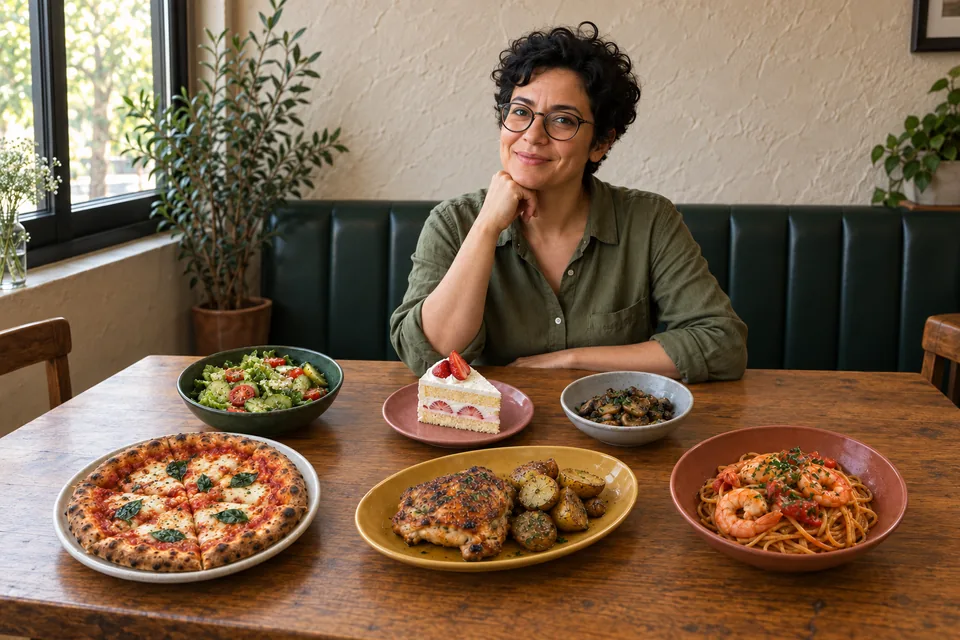 Take one portrait and photograph each dish as it arrives. Compose a relaxed meal portrait with SparkleTrip, with original AI examples, a reference checklist and prompts to copy.