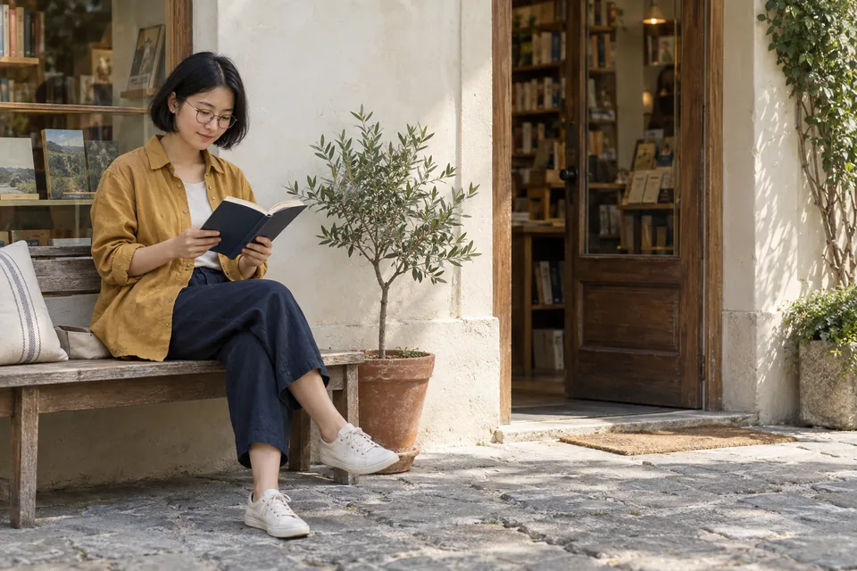 Original AI-generated reference: a fictional adult reading outside a bookshop.