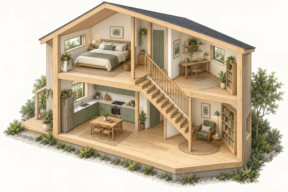 Explain a small space with a clear, coherent cutaway.