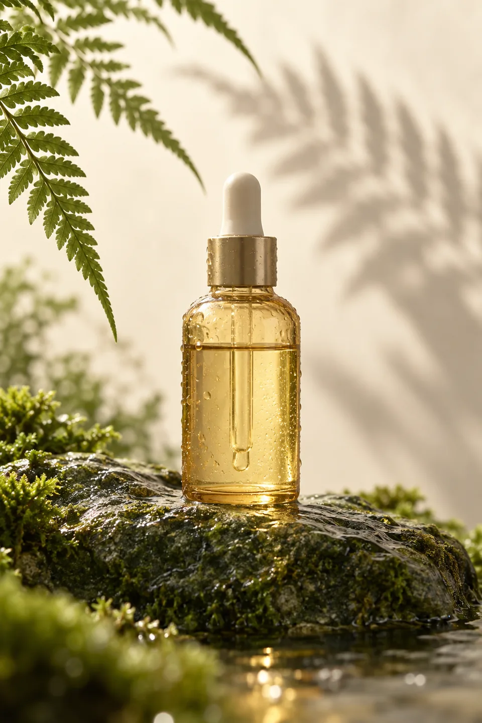 Use stone, glass and a single fern shadow for a quiet product shot.