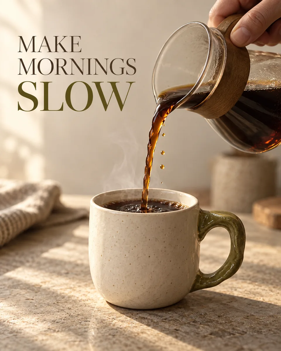 A tactile ceramic cup and a single suspended stream of coffee, with warm editorial light and space for a short message.