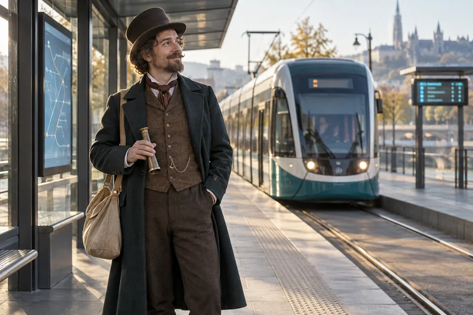 Old-world clothing meets the everyday rhythm of a modern commute.