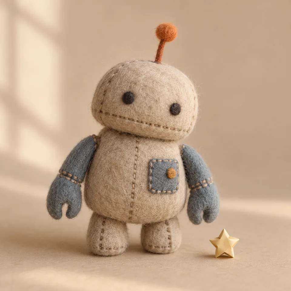 Design a friendly original character with visible stitches and soft fibers.
