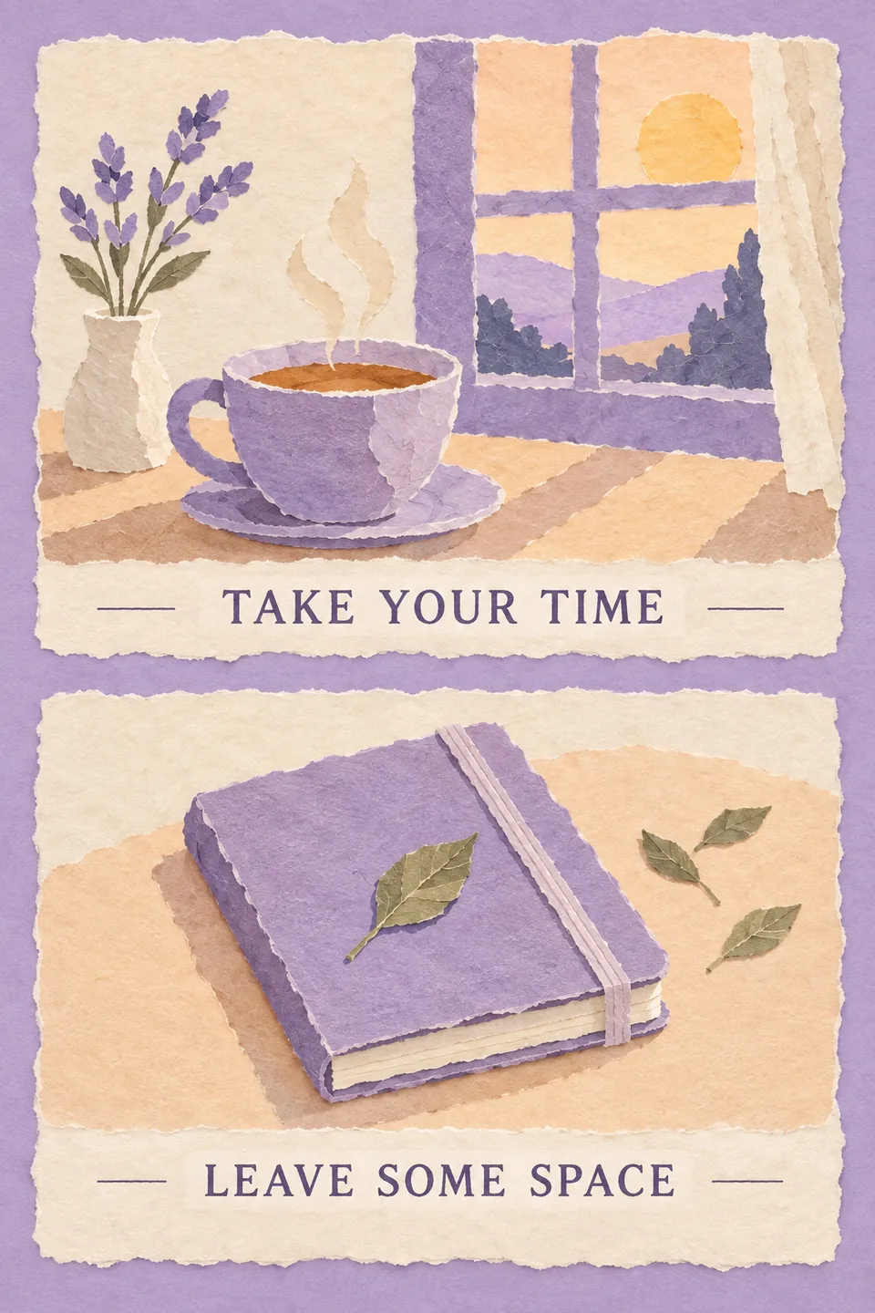 Two torn-paper scenes with short, thoughtful captions.