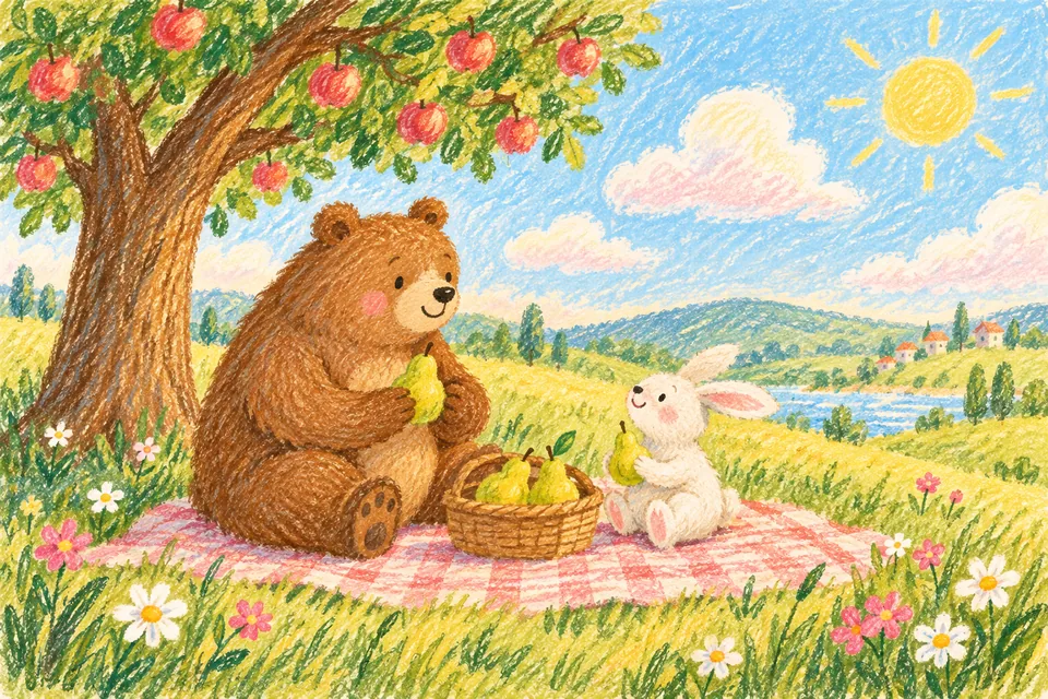 Soft wax-crayon marks turn a simple picnic into a picture-book scene.