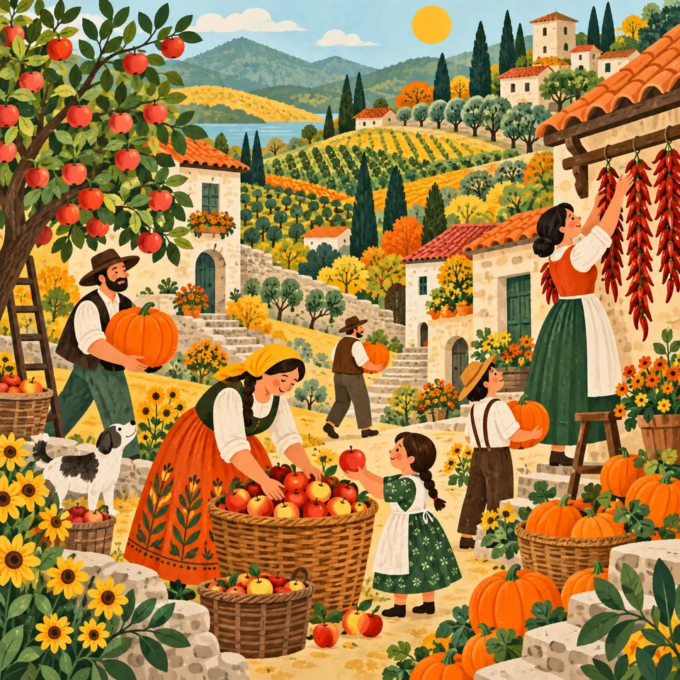 Folk-art color and playful perspective for a joyful harvest scene.