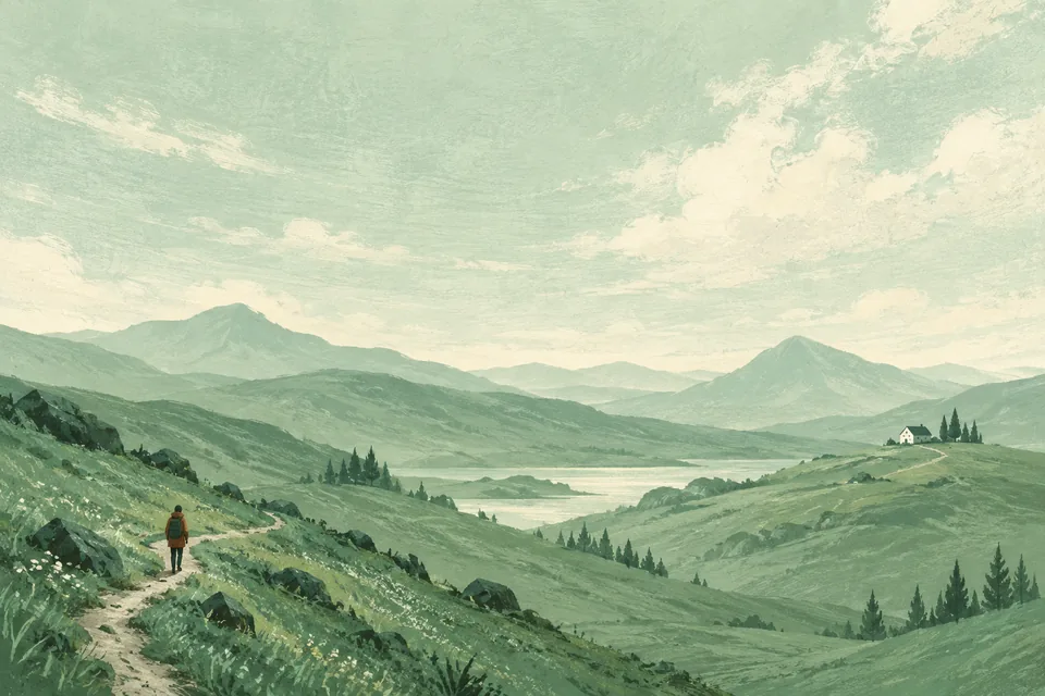 Tiny figures and dry-brushed landscapes leave room to breathe.