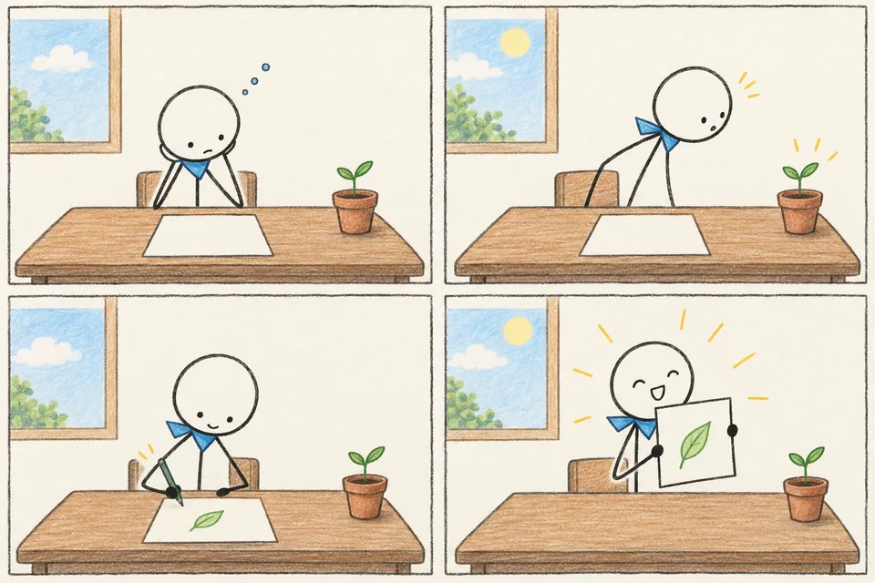 Expressive stick figures tell a story without a wall of text.
