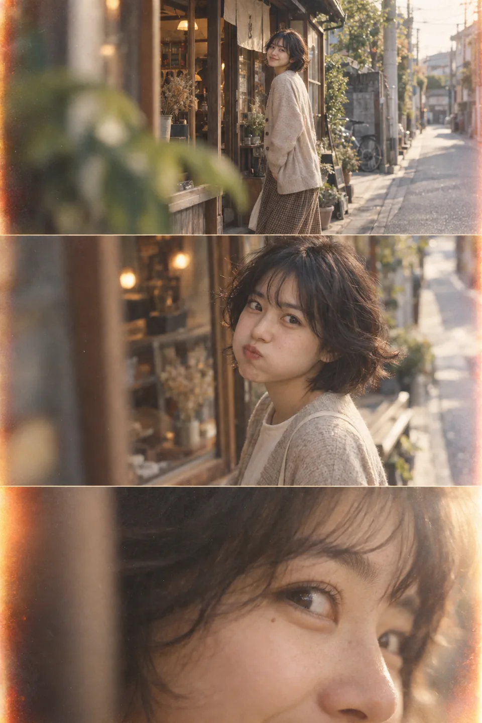 A smile, a playful pout, a fleeting glance. Three connected moments in warm, grainy film.