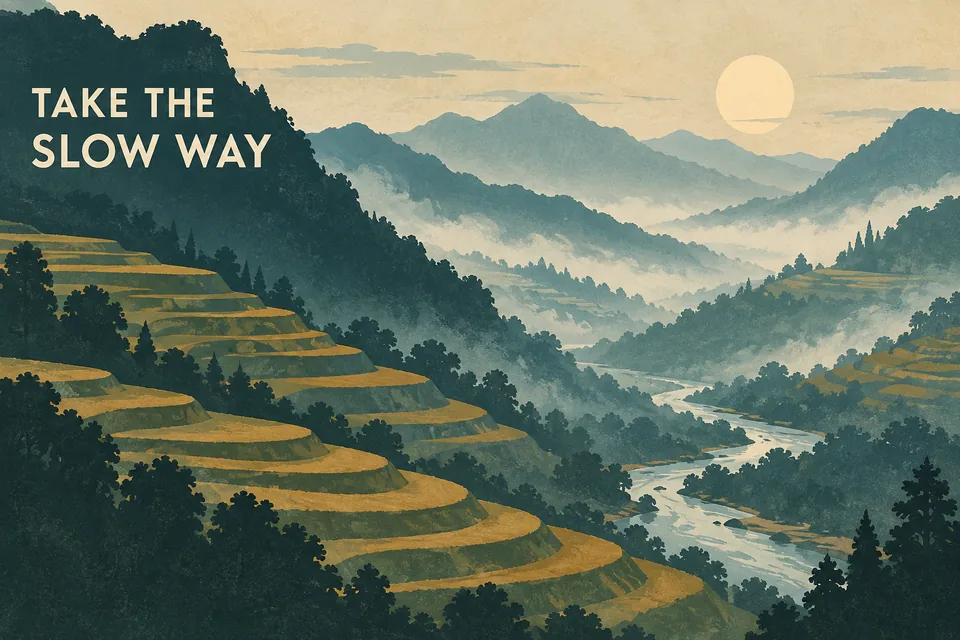 Layered mountains and mist for a calm travel poster.