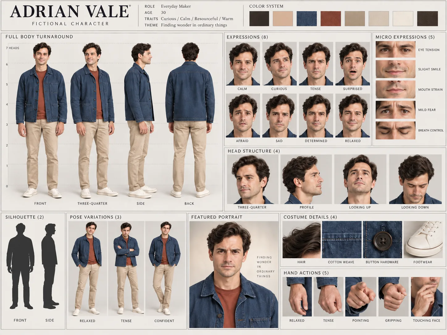 One character, eleven modules: turnarounds, expressions, micro-expressions, poses and costume details.