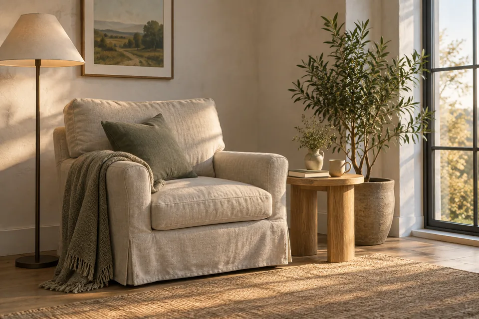 Natural materials and warm light, without a showroom feel.