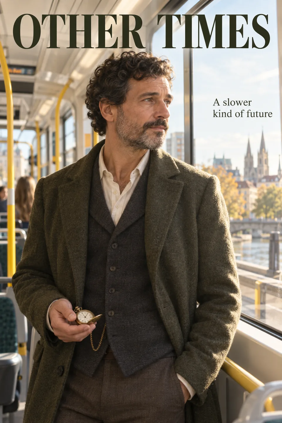 An old-world clockmaker on a modern tram, framed as an original magazine cover.